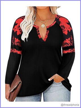 Plus Size Long Sleeve Tunic Top V-Neck Floral Print Pullover